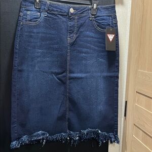 Be-Girl Dark Wash Frayed Hem Midi Skirt